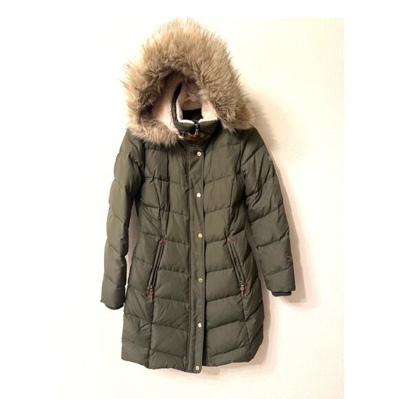 Lauren Ralph Lauren Fur Hooded Down Nylon Olive Green Anorak Winter Coat Size L - Picture 1 of 11